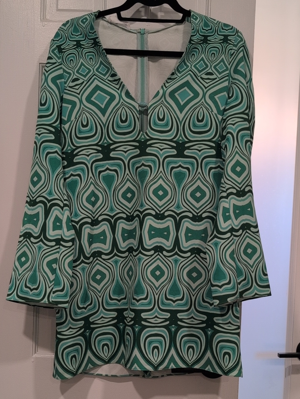 Mango Green Geometric V-Neck Mini Dress